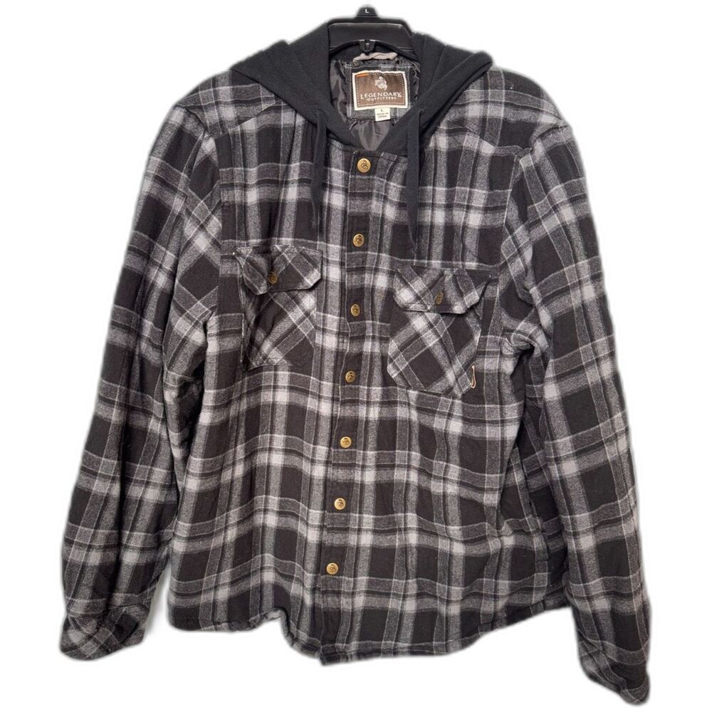 Legendary Outfitters Hooded Plaid Flannel Shirt Jacket Shacket Black Gray Men's